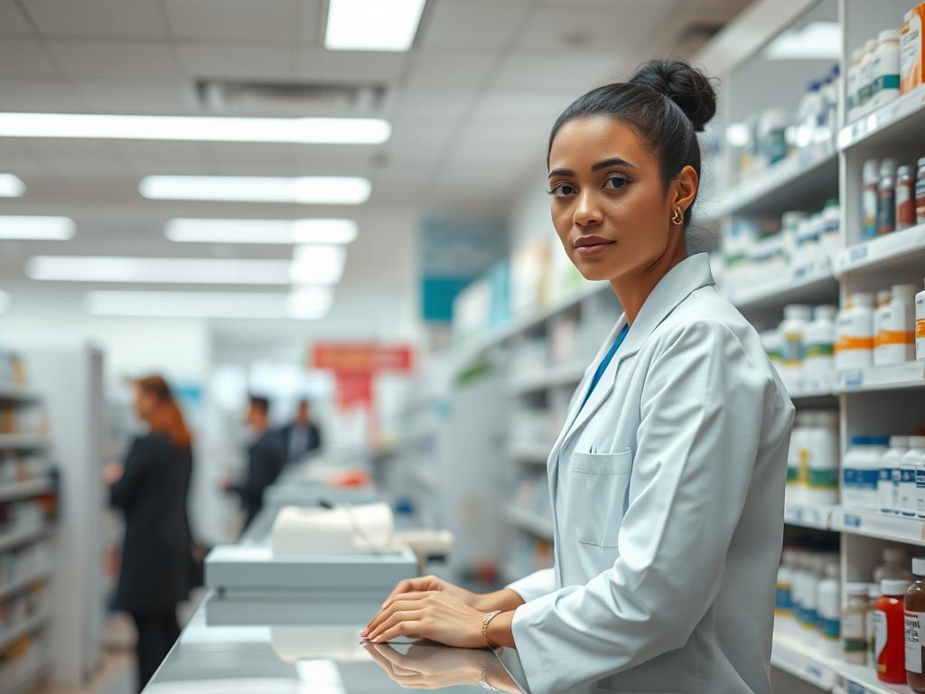 Asistente de farmacia trabajando